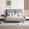 Queen Size Upholstered Platform Bed With 2 Large Headrests And Thick - Gray - Image 12