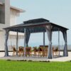 10' x 13' Hardtop Wood Gazebo For Patios, Outdoor Framed Gazebo With Polycarbonate Double Roof Canopy, Solid Wooden Framed Gazebo With Privacy Curtains And Mosquito Nettings For Garden, Backyard - Black - Image 6