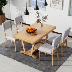 Topmax - 5 Piece Rustic Dining Table Set With 4 Upholstered Chairs, Rectangular Dining Table With Trestle Table Base - Natural