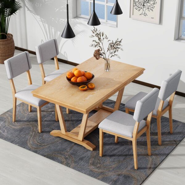 Topmax - 5 Piece Rustic Dining Table Set With 4 Upholstered Chairs, Rectangular Dining Table With Trestle Table Base - Natural