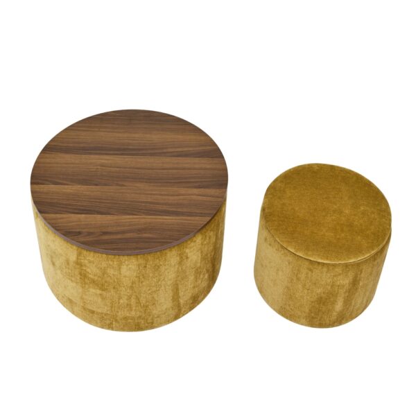 Classic Chenille Storage Ottoman Set With Drum Shaped Stool And Panel - Dark Yellow