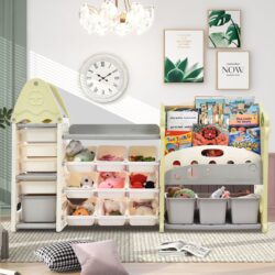 Kids Bookshelf Toy Storage Organizer With 17 Bins And 5 Bookshelves, Multi-Functional Nursery Organizer Kids Furniture Set Toy Storage Cabinet Unit With HDPE SheLF And Bins - Light Green
