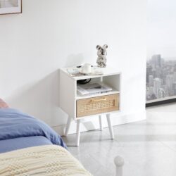 15.75" Rattan End Table With Power Outlet & USB Ports, Modern Nightstand With Drawer And Solid Wood Legs, Side Table For Living Room, Bedroom - White