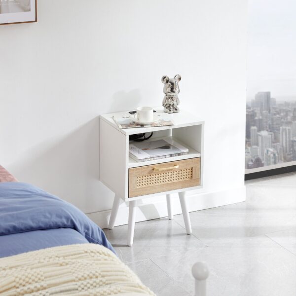 15.75" Rattan End Table With Power Outlet & USB Ports, Modern Nightstand With Drawer And Solid Wood Legs, Side Table For Living Room, Bedroom - White