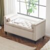 Storage Bench, Queen Velvet Button Bedside Bench, Entryway Living Room With Armrests, Nailhead Trim, Upholstered Bedroom Bench, Bedside Ottoman, Living Room, Entryway - Cream - Image 2