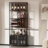 82.7" Industrial Standing Wine Rack With Glass Rack Tall Freestanding Floor Bar Cabinet - Walnut / Black - Image 4