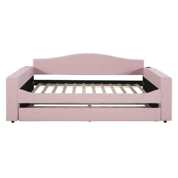 Twin Size Upholstered Daybed With Storage Armrests, Trundle And Latest Integrated Bluetooth Audio System - Pink