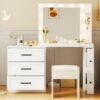 Vanity Desk With Freely Adjustable Side Cabinet, Makeup Vanity With Hollywood Lights, 5 Storage Drawers & 2-Shelves, Modern Dressing Table - White - Image 9