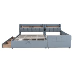 Queen & Twin Long Size Upholstered Platform Bed, Mother & Child Bed With Hydraulic Storage System, Drawer Box, Bedhead Storage Shelf And 2 Pairs Of Sockets & USB Ports - Gray