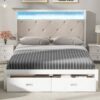 Elegant Wood Queen Size Platform Bed With Upholstered Headboard Led And Storage Drawers In Antique - Antique White - Image 5