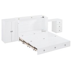 Queen Size Murphy Bed With USB Port, Large Drawer, And Wardrobe / Desk Combo Versatile Cabinet Bed - White