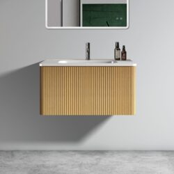 Etna - Striped Natural Oak Bathroom Vanity With White Ceramic Sink, Wall Mounted Floating Bathroom Vanity For Modern Bathroom, One-Piece White Basin Without Drain - White / Oak