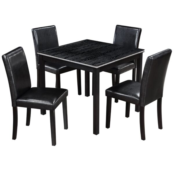 5 Pieces Wooden Dining Table Set, Kitchen Table Set With A Square Table And 4 Upholstered Chairs, Wooden Dining Room Table With Crystal Decoration And Chairs Set For Kitchen, Dining Room - Black