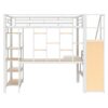Full Size Metal Loft Bed With Storage Staircase And Small Wardrobe, Built - In Desk And Storage Shelves - White - Image 12