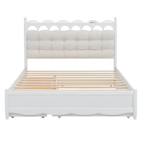 Queen Size Storage Platform Bed, With 2 Big Drawers, Twin Long Size Trundle, One Set Of Sockets & USB Ports - White