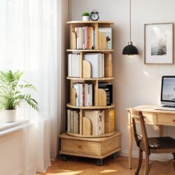 5 Tier Rotating Bookshelf With Wheels And Drawer, 360° Spinning Design, Space Saving Storage, For Home And Office, Wood - Oak