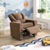 Kids Recliner Chair, Kids Upholstered Couch With Two Cup Holder, Footrest, Backrest, Toddlers Recliner With Headrest And Footrest - Black - Image 3