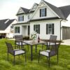 All Weather 5 Piece Patio Dining Table Set, Acacia Wood Table Top With Umbrella Hole, Rattan Outdoor - Coffee Brown - Image 19