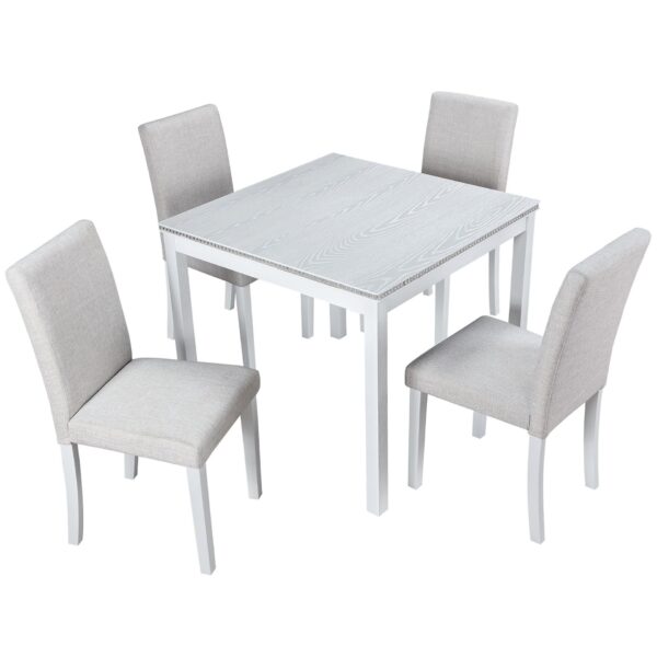 5 Piece Wooden Dining Table Set, Kitchen Table Set With 4 Upholstered Chairs, Wooden Table With Crystal Decoration And Chairs Set For Kitchen, Dining Room - White