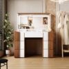 Elegant Vanity Table With Large Lighted Mirror & Power Outlet, Dressing Table With 7 Drawers & Shelves, Vanity Desk With Brown Solid Wood Style Stickers - Brown / White - Image 3