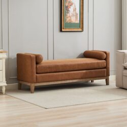 Elegant Upholstered Bench, Daybed, Ottoman With Wood Legs & 2 Bolster Pillows For End Of Bed, Bedroom, Living Room, Entryway - Brown