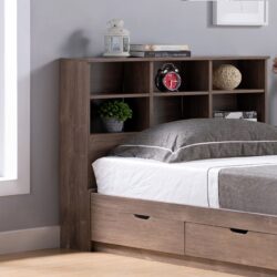 Full Bookcase Headboard 6 Shelves 3 Shelves Adjustable Top Panel Rounded Corners - Hazelnut