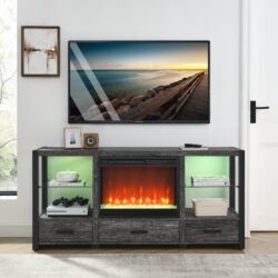 Electric Fireplace Media TV Stand With Sync Colorful LED Lights - Dark Rustic Oak