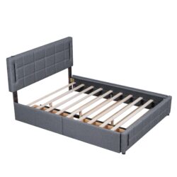 Queen Size Upholstered Platform Bed With Trundle And Drawers - Gray