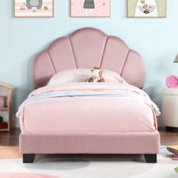 Upholstered Twin Size Platform Bed For Kids Wooden Bed Frame With Slatted Bed Base No Box Spring Needed Cute Bed Frame With Shell Design Headboard - Pink