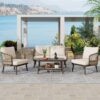 4 Piece Outdoor Patio Furniture Set, Metal Chairs With Woven Rope U Shaped Backrest, Outdoor Conversation Set With Thick Cushions And Coffee Table For Garden, Poolside, Balcony - Brown / Beige - Image 2