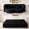 Modern Floor Sofa With 2 Pillows, Convertible Teddy Fabric Foam Filled Sleeper Sofa Bed, Full Size Folding Mattress For Living Room Guest Bed, Playroom, No Assembly Required - Black - Image 2