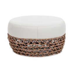 Willow - Round Upholstered Woven Patio Ottoman, Wicker Frame - Wheat Beige / Golden Brown