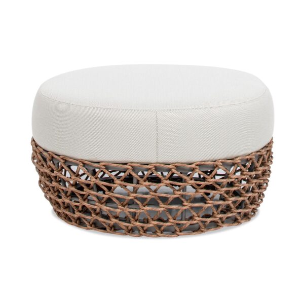 Willow - Round Upholstered Woven Patio Ottoman, Wicker Frame - Wheat Beige / Golden Brown