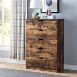 5 Drawer Bedroom Chest Dresser, Distressed Wood Cabinet - Rustic Brown