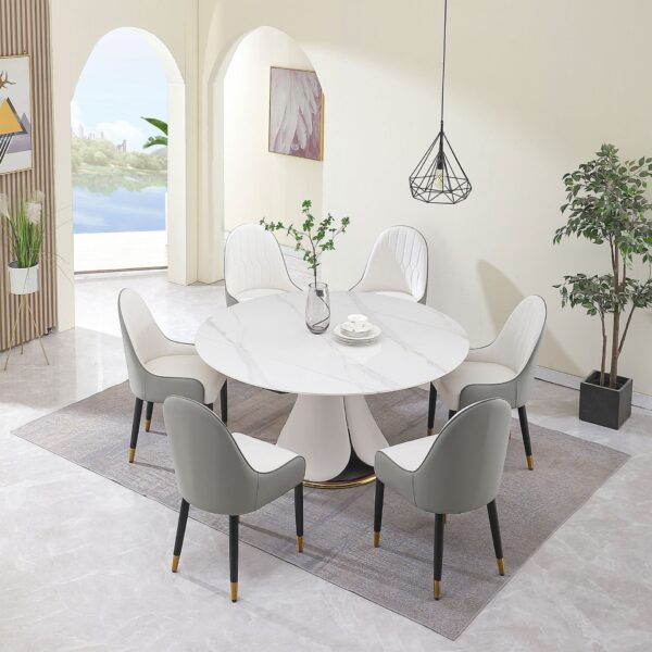 Fashion Modern Sintered Stone Dining Table With Multi Functional Retractable Design And 6 Chairs - Beige / White