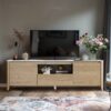 Modern TV Stand With LED Lights Entertainment Center TV Cabinet With Storage For Up To 75" For Gaming Living Room Bedroom - Natural Wood Wash - Image 2