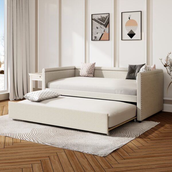 Modern Style Twin Size Upholstered Daybed With Trundle For Guest Room, Small Bedroom, Study Room - Beige