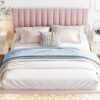 Queen Size Upholstered Bed With Sensor Light And Headboard, Floating Platform Bed - Pink - Image 14