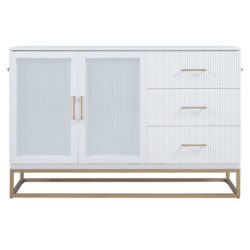 Queen Murphy Bed With Frosted Glass Doors Design, Fake Drawers, Metal Legs - White