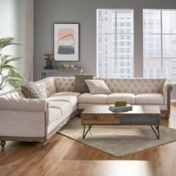 Comfy Large Sectional Sofa With Wooden Legs, Retro Style For Living Room - Beige