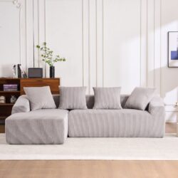 Compression Sofa: Combining Chaise Longue With 3 Seater, Corduroy Fabric, Full Sponge Compression Sofa, Combined Sofa With 4 Pillows For Living / Home Furniture / Apartment - Light Gray