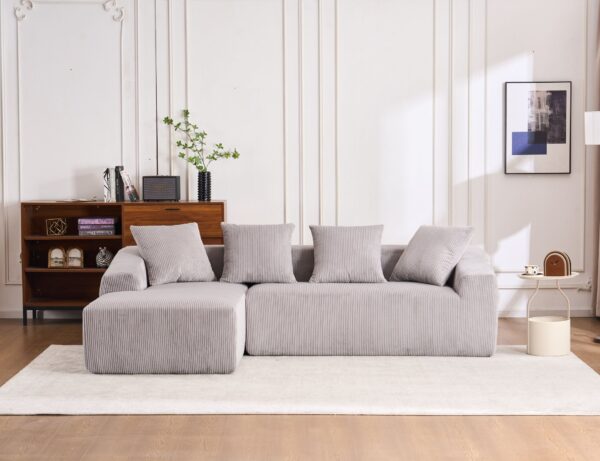 Compression Sofa: Combining Chaise Longue With 3 Seater, Corduroy Fabric, Full Sponge Compression Sofa, Combined Sofa With 4 Pillows For Living / Home Furniture / Apartment - Light Gray