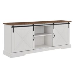 Farmhouse Sliding X Barn Door 70" TV Stand For 80" TVs - Rustic Oak / Brushed White