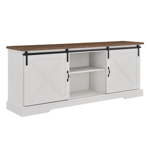 Farmhouse Sliding X Barn Door 70" TV Stand For 80" TVs - Rustic Oak / Brushed White