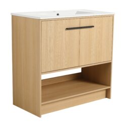 Modern Bathroom Vanity With Ceramic Sink And Soft Closing Doors, 36" Freestanding Cabinet - Oak