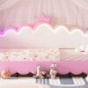 Twin Extending Daybed With LED Lights, Modern Upholstered Princess Daybed With Crown Headboard - Pink - Image 21