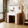 Elegant Vanity Table With Large Lighted Mirror & Power Outlet, Dressing Table With 7 Drawers & Shelves, Vanity Desk With Brown Solid Wood Style Stickers - Brown / White - Image 5