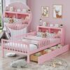 Twin Size Bed With Headboard Storage Rack, 2 Under Bed Drawers, 3 - Side Guardrails For Safety And Security - Pink - Image 6