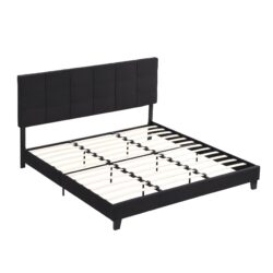 King Size Upholstered Platform Bed Frame With Linen Fabric Headboard, No Box Spring Needed, Wood Slat Support - Black