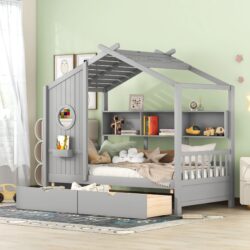 Twin Size House Bed With 2 Drawers, Kids Bed With Storage Shelf - Gray